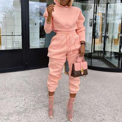 China 2021 Autumn Women's Solid Casual Solid Ladies Hoodie Two Piece Jogger Set Crop Sweat Sweatsuit Pocket Women's 2 Piece Pant Sets for sale