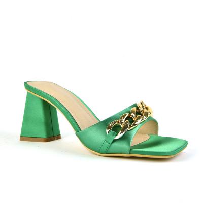 China Fashion Trend Style Sensational Dark Green Women New Shoes Medium High Heels Woman Slippers Summer Wedding Party Heeled Swapping Shoes for sale