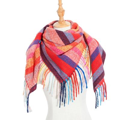 China 2020 Eco-friendly Fashion Women Striped Plaid Long Tassel Square Scarf Ladies Bib Shawl For Winter 40 Style for sale