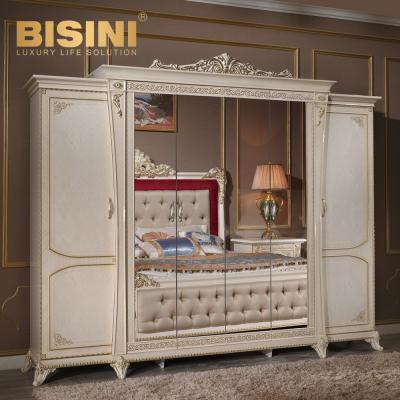 China EUROPEAN Royal Six-Door Wardrobe With Large Clear Gold And White Mirror Handcrafted Wardrobe For Bedroom for sale