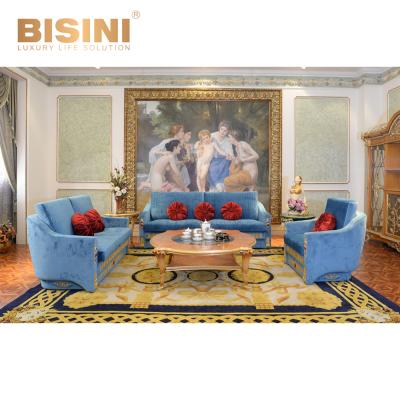 China Luxury Rococo Sectional Furniture Living Room Sofa Set Antique Classy Noble Fabric Sofa Set Louis Royal Blue Solid Wood for sale