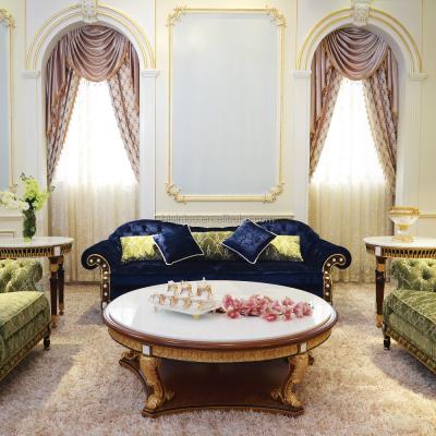 China Sofa Luxury French Design New Navy Classic Sectional Fabric Sofa Elegant Palace Hand Carved Wood Furniture Living Room Sofa Set for sale