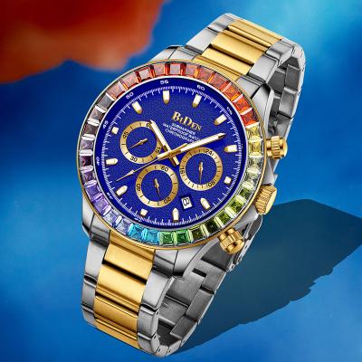 China China Watch Manufacturer Biden Fashion Rainbow Diamond Stainless Steel Band Chronograph Quartz Watch for sale