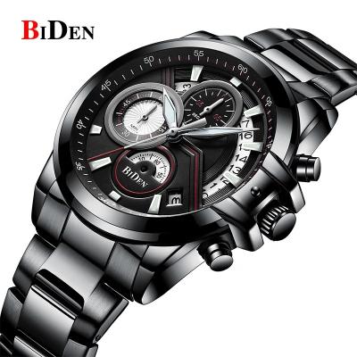 China Biden Chronograph Mens Watches Fashion Sport Stainless Steel Band Black Chronograph Wrist Watch for sale