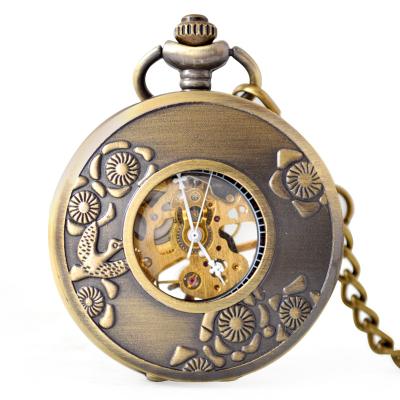 China Antique copper skeleton mechanical pocket watch for men and women for sale