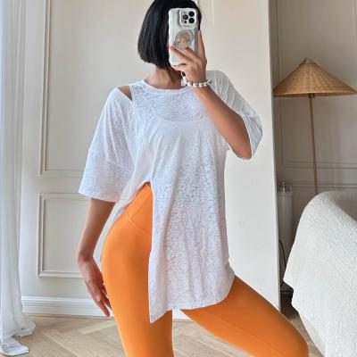 China Hot Selling Sexy Women's Sports Fitness Loose T-Shirt Breathable Short Sleeve Yoga Gym Long Tops for sale