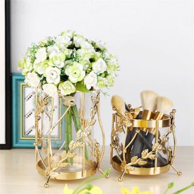 China Wedding Home Decor Desktop Decoration Flower Vase Clear Glass Metal Opens Art Glass Vase for sale