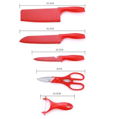 China Viable Red Stainless Steel Blade 5pcs Knife Set Chef Knife Kitchen Utility Sharp Scissors for sale