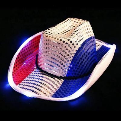 China Polyester 4th of July Sequin Cowboy Hat Flashing Light Up Patriot Cowboy Sequin Hat for sale