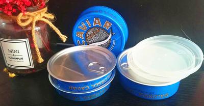 China Caviar Ring pull tin easy open caviar tin in Aluminum with plastic lid 3.5oz and 7oz Te koop