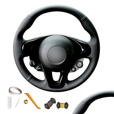 China PU Hand Stitching Black Car Wrap DIY Leatherette Steering Wheel Cover For Smart For Two Forfour 2015 2016 2017 for sale