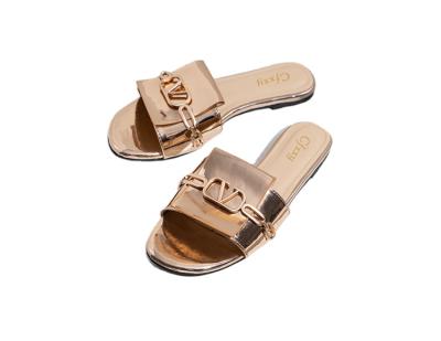 China 2021 fashion trend fashion ladies slippers one word with metal shoes women sandals for sale