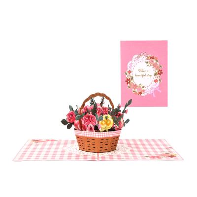 China Europe Flower Paper Craft Pink Roses 3d Basket Pop Up Cards for sale