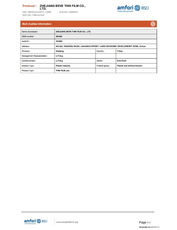 BSCI - Zhejiang Beve Thin Film Co., Ltd.