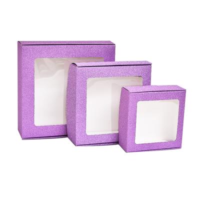 China Glitter GIFB Box Open Window With Clear Bag Gift Box Paper Cardboard Glitter Film PVC Handle Custom Gift Boxes for sale