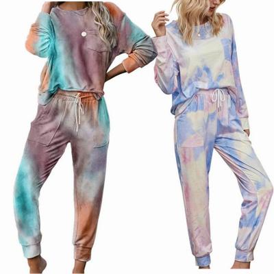 China Sustainable Long Sleeve Loungewear Tie Dye 2 Piece Pant Set Casual Autumn Winter Clothing Two Piece Pajamas Set Cotton Pj Set For Women for sale