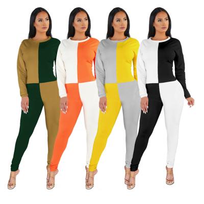 China Sustainable Casual Colorblock 2 Piece Lounge Set Women Vintage Autumn Clothing 2021 Long Sleeve Patchwork Two Piece Pant Sets For Women for sale