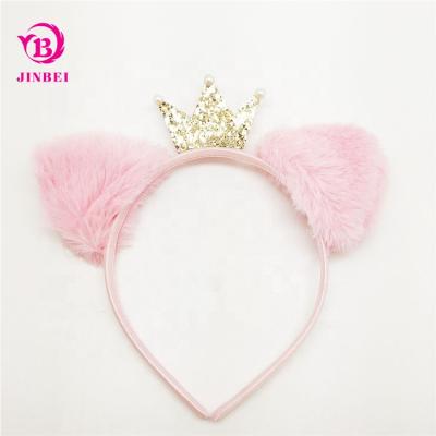 China Fashionable Cute Plastic Women's Faux Fur Animal Ears Headband Glitter Cat Ears Party Headband With Pink Crown for sale