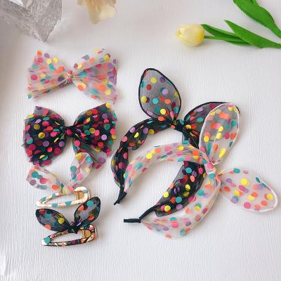 China Newest Environmental Friendly Vintage Bow Knot Headband Lace Up Mesh Hair Clips Colorful Polka Dot Hairpin For Princess Girls for sale