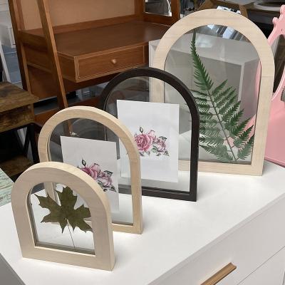 China Art Decor Wall Hanging Arched Double Sided Glass Photo Frame Wooden Tree Deep Picture Frame for sale