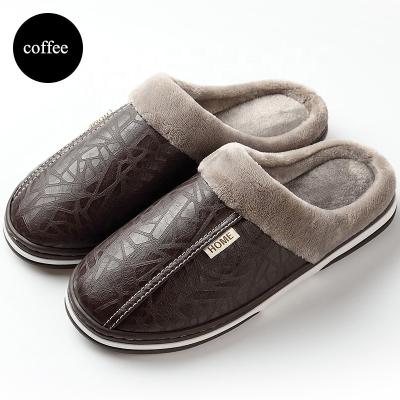 China Anti-Smell Men And Women Leather Trim Winter Home Waterproof PU Plush Cotton Slippers For Couples Bedroom for sale