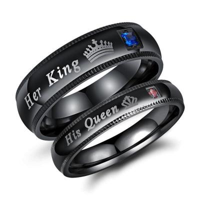 China Fashionable Wholesale Stainless Steel Crown Engraved Black His King His Queen Lovers Couple Rings Jewelry for sale