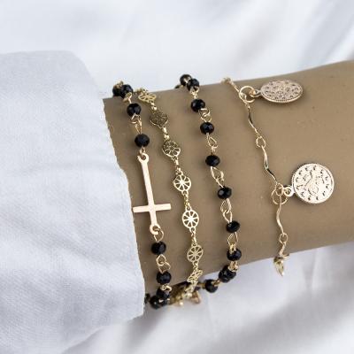 China Trendy Fashion Bohemian Styles Vintage Cross Beaded 4 Pieces Coin Pendant Bracelet Charm Set For Women for sale