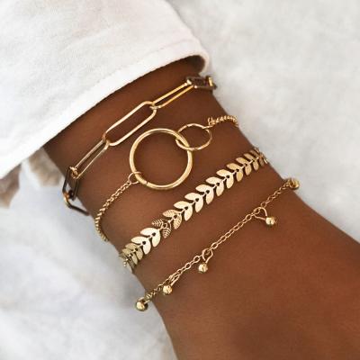 China Trendy Simple Color Cuff Gold Fashion Bangle Metal Chain Bohemia Women Beaded Bracelets 3Pcs/Set Jewelry for sale