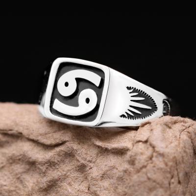 China Fashion Mens Birthday Gift Vintage Color Finger Ring Jewelry 12 Zodiac Sign Constellation Silver Ring for sale