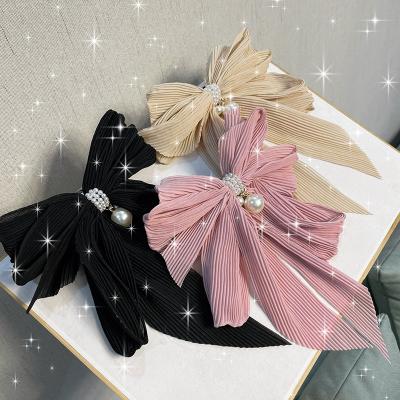 China Korean Fabric Fashion Design Butterfly Pearl Tassel Ruffle Cloth Hair Clip Hair Clip Women Hair Accessories for sale