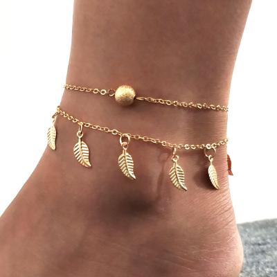 China Fashionable layered gold plated beaded anklet women strand handmade foot anklet bracelet leaf foot chain jewelry anklet for sale