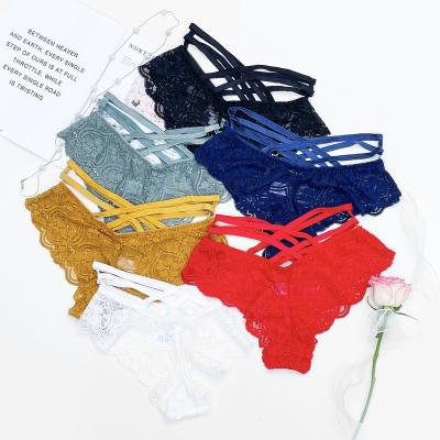 China Breathable Sexy Women Lace Up Low Briefs Solid Underwear Temptation Strap Ladies Cross Thong Panties for sale