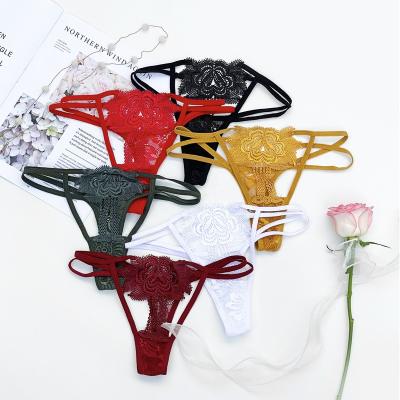 China Breathable High Quality Big Elastic Cross Band Sexy Lace Thong Low-waist Hollow Out Panties FemaleTraceless for sale