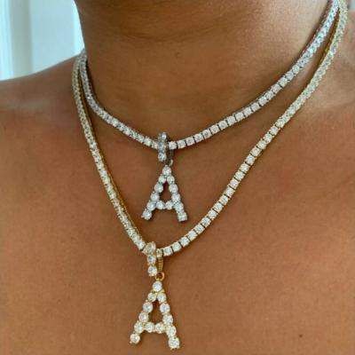 China Hiphop Bling Jewelry Tennis Chain Choker Alphabet Necklace Diamond Letter Initial Crystal Necklace for sale