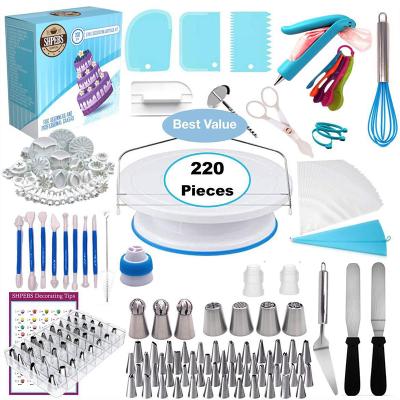 China 220 Pcs Sustainable Cake Decorating Rotating Cake Stand Turntable Kit Baking Tools With Icing Piping Tips Spout Set for sale