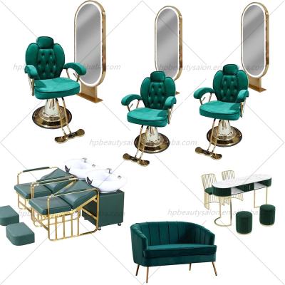 China Wholesale Modern Barber Chair Green Hydraulic Salon Furniture Barber Shop Hair Styling Beauty Salon Chair Set HP-LC305A for sale