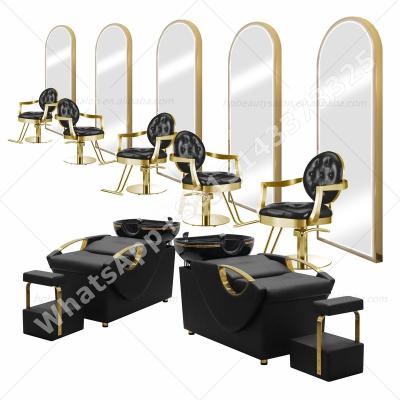 China Hot Sale Modern Hairdressing Furniture Set Gold Frame Black Salon Package Cheap Quality Salon Equipment for sale