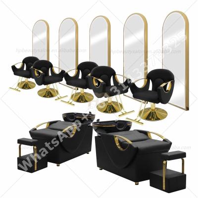 China Cheapest Modern Gold Pack Frame Black Gold Package Salon Hairdressing Furniture Set Cheapest Salon Quality Leather Equipment HP2022G for sale