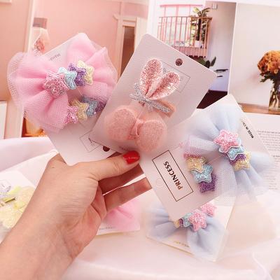 China Sweet Korean Style Shiny Colorful Side Clip Rabbit Star Rainbow Bow Mesh 2pcs Cute Children's Hairpin Hairpin Headwear for sale