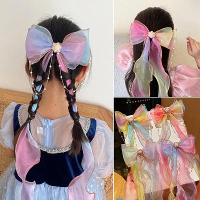 China New Style Sweet Children's Hair Accessories Beads Tassels Hanger Princess Braided Hairpins Girls Summer Hairpins Ribbons Headpieces for sale