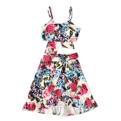 China European American Girls Summer Casual Children's Two-Piece Statistical Institute Children's Clothing Off-the-Shoulder Suspender Top Floral Skirt Dress for sale