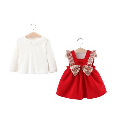 China Wholesale white casual children's suit fashion solid color shirt bow suspender skirt girls new spring kids clothing for sale