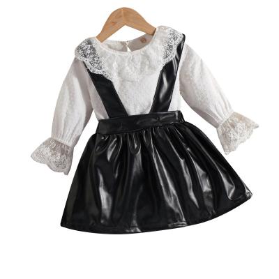 China Fashion Autumn Casual Girls Lace Up Round Neck Bottoming Shirt Children PU Leather Strap Skirt Kids Dress Sets for sale