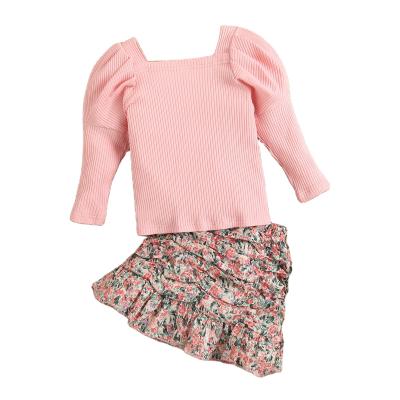 China Casual Children's Clothing Girls Long Sleeve Puff-Sleeved Knitted Sweater Ruffled Pleated Floral Kids Short Skirt Two-Piece Set for sale