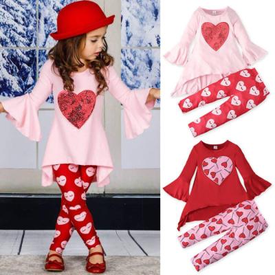 China Girls Casual Rts Valentine Spring Autumn Trumpet Sleeve Top Love Pattern Pants Kids Clothing Two Piece Set for sale