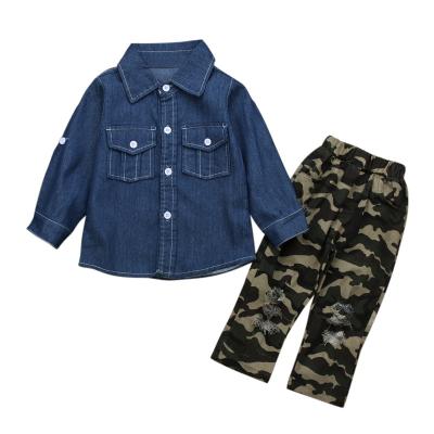 China Summer Casual Girls Autumn Spring Denim Shirt Camouflage Ripped Pants Children Kids Clothing Two Piece Sets for sale