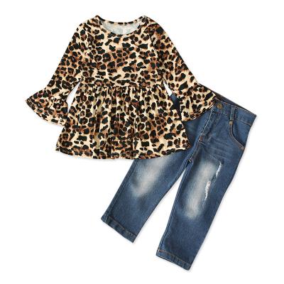 China Spring Fall Casual Trend bell-sleeved leopard girls print denim top long pants kids two-piece kids clothing for sale