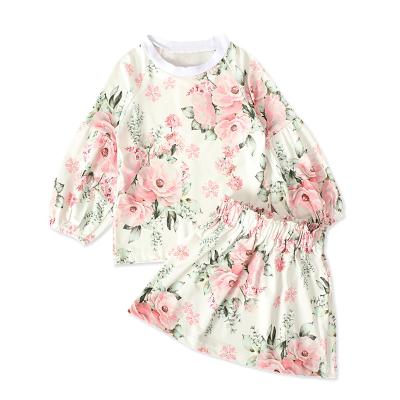 China Casual Spring Autumn Trend Long Sleeve Flower Print Top Girls Short Skirt Two Piece Children Kids Clothing for sale