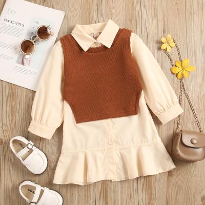 China New Autumn Lapel Girls Princess Children Shirt Long Sleeve Ruffled Skirt Washable Knitted Vest Children Two-piece Set Dress for sale