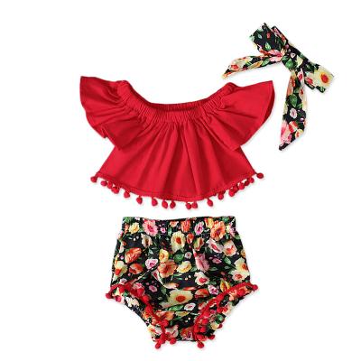 China INS Two Piece Sets Floral Kids Girls Summer QUICK DRY Off-the-Shoulder Solid Color Top Shorts Children's Clothing Short Sleeve Sets for sale